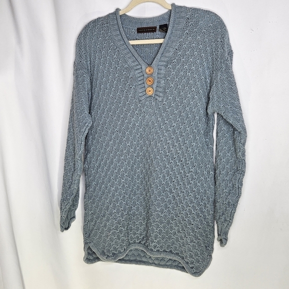 Yarnworks Linen Cotton Pullover Blue Knit‎ Sweater wooden buttons Tunic Small - Picture 1 of 12